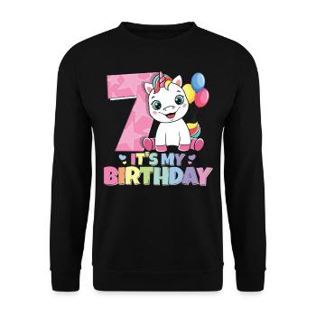 Regenbogen Einhorn 7. Geburtstag Mädchen 7 Jahre - Unisex Pullover - Schwarz - Vorne - Alina (178cm) & Michal (187cm)