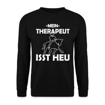 Mein Therapeut isst Heu - Dressurpferd - Unisex Pullover - Schwarz - Vorne - Alina (178cm) & Michal (187cm)