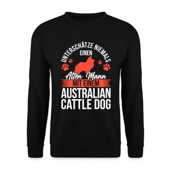 Alter Mann mit Australian Cattle Dog Treibhund - Unisex Pullover - Schwarz - Vorne - Alina (178cm) & Michal (187cm)