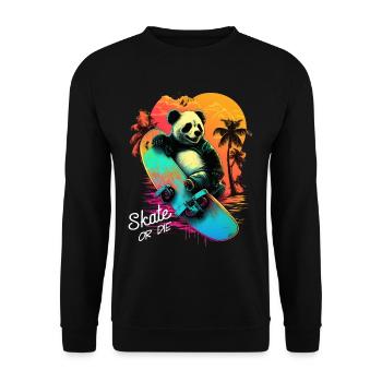 Cooles Retro Panda Skateboard Neon Geschenk - Unisex Pullover - Schwarz - Vorne - Alina (178cm) & Michal (187cm)