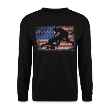 Ringen Retro USA Flagge Wrestling 4th of July - Unisex Pullover - Schwarz - Vorne - Alina (178cm) & Michal (187cm)