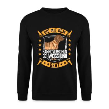 Die mit dem Hannoverscher Schweißhund geht - Unisex Pullover - Schwarz - Vorne - Alina (178cm) & Michal (187cm)