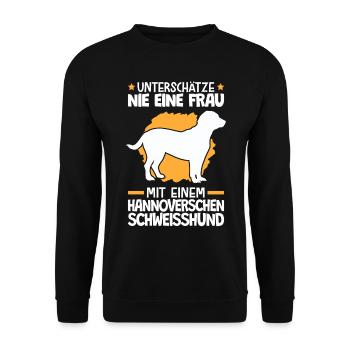 Mann mit einem Hannoverscher Schweißhund - Unisex Pullover - Schwarz - Vorne - Alina (178cm) & Michal (187cm)