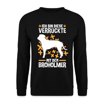 Verrückte mit dem Broholmer Dänische Dogge - Unisex Pullover - Schwarz - Vorne - Alina (178cm) & Michal (187cm)