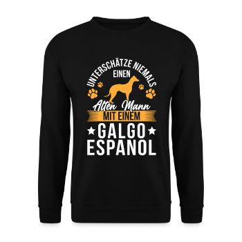 Alter Mann mit Galgo Espanol Spanischer Windhund - Unisex Pullover - Schwarz - Vorne - Alina (178cm) & Michal (187cm)
