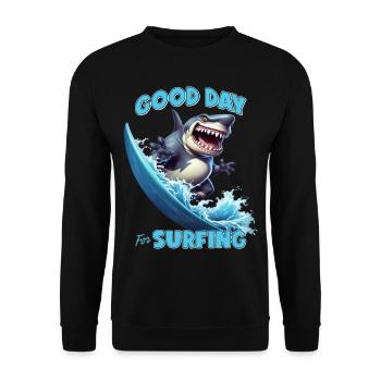 Lustiger Hai mit einem Surfbrett - Surfer - Unisex Pullover - Schwarz - Vorne - Alina (178cm) & Michal (187cm)
