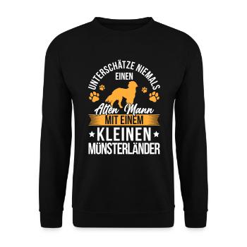 Alter Mann mit einem Kleiner Münsterländer - Unisex Pullover - Schwarz - Vorne - Alina (178cm) & Michal (187cm)