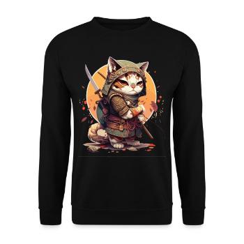 Samurai Katze Kawaii Japanische Ninja Katze - Unisex Pullover - Schwarz - Vorne - Alina (178cm) & Michal (187cm)