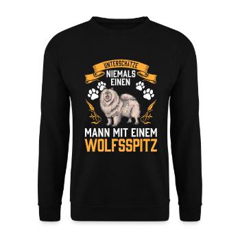 Mann mit Wolfsspitz Deutscher Keeshond - Unisex Pullover - Schwarz - Vorne - Alina (178cm) & Michal (187cm)