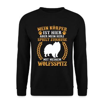 Spiele mit meinem Wolfsspitz Deutscher Keeshond - Unisex Pullover - Schwarz - Vorne - Alina (178cm) & Michal (187cm)