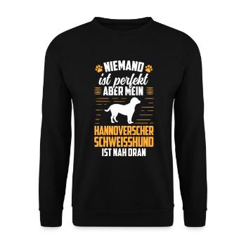Hannoverscher Schweißhund ist nicht perfekt - Unisex Pullover - Schwarz - Vorne - Alina (178cm) & Michal (187cm)