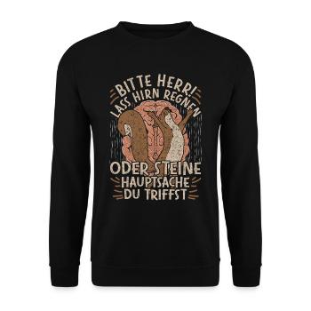 Bitte Herr Lass Hirn Regnen Oder Steine Hauptsache - Unisex Pullover - Schwarz - Vorne - Alina (178cm) & Michal (187cm)