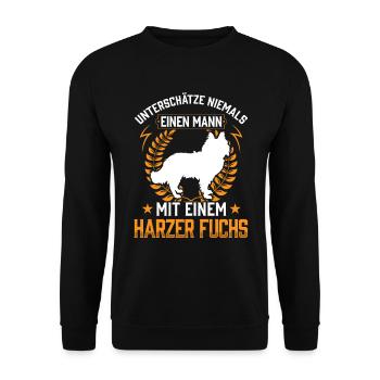 Mann mit Harzer Fuchs Altdeutscher Hütehund - Unisex Pullover - Schwarz - Vorne - Alina (178cm) & Michal (187cm)