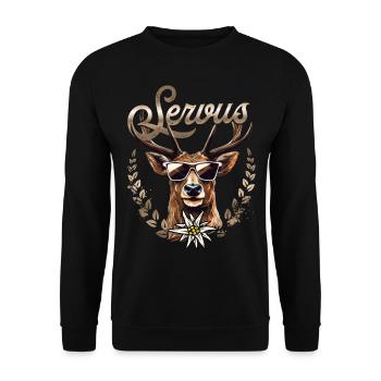 Trachtenshirt Herren Trachten T-Shirt Servus - Unisex Pullover - Schwarz - Vorne - Alina (178cm) & Michal (187cm)