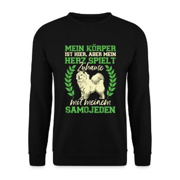 Samojede spielt Zuhause Samojedenspitz - Unisex Pullover - Schwarz - Vorne - Alina (178cm) & Michal (187cm)