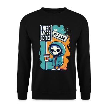 Skeleton Skull I NEED MORE COFFEE Coffee Saying - Unisex Sweatshirt - black - Front - Alina (178cm) & Michal (187cm)