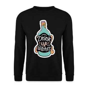 Drink Up Witches Lustiger Halloween Spruch - Unisex Pullover - Schwarz - Vorne - Alina (178cm) & Michal (187cm)