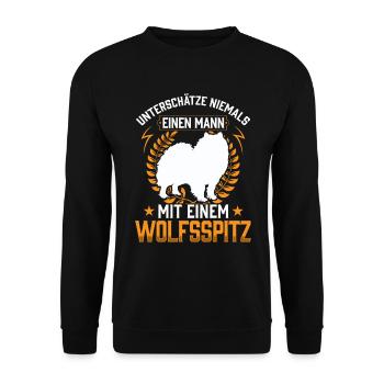 Mann mit Wolfsspitz unterschätzen Deutscher Spitz - Unisex Pullover - Schwarz - Vorne - Alina (178cm) & Michal (187cm)