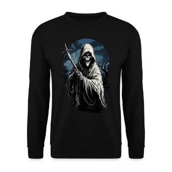 Gruseliger Halloween Sensenmann Grim Reaper - Unisex Pullover - Schwarz - Vorne - Alina (178cm) & Michal (187cm)