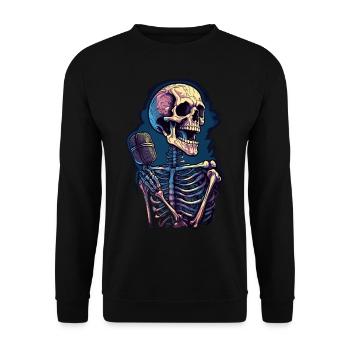 Bunter abstrakter Totenkopf mit Mikrofon - Unisex Pullover - Schwarz - Vorne - Alina (178cm) & Michal (187cm)