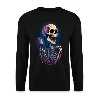 Bunter abstrakter Totenkopf mit Mikrofon - Unisex Pullover - Schwarz - Vorne - Alina (178cm) & Michal (187cm)
