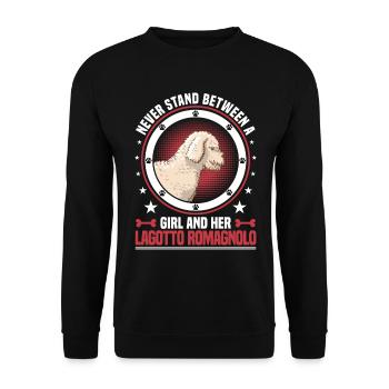 Mädchen und ihr Lagotto Romagnolo Wasserhund - Unisex Pullover - Schwarz - Vorne - Alina (178cm) & Michal (187cm)