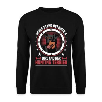 Jagdterrier Mädchen und ihr Deutscher Jagdterrier - Unisex Pullover - Schwarz - Vorne - Alina (178cm) & Michal (187cm)