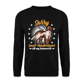 Kleiner Münsterländer Hausaufgaben Spruch - Unisex Pullover - Schwarz - Vorne - Alina (178cm) & Michal (187cm)