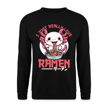 Axolotl liebt Ramen Bowl Kawaii Anime - Unisex Pullover - Schwarz - Vorne - Alina (178cm) & Michal (187cm)