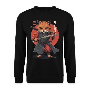 Samurai Cat Kawaii Japanische Ninja Katze - Unisex Pullover - Schwarz - Vorne - Alina (178cm) & Michal (187cm)