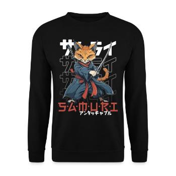Chat Samouraï Chat Ninja Japonais Kawaii - Sweat-shirt Unisexe - noir - Devant - Alina (178cm) & Michal (187cm)
