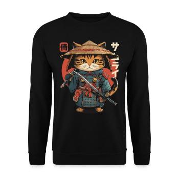 Samurai Cat Kawaii Japanische Ninja Katze - Unisex Pullover - Schwarz - Vorne - Alina (178cm) & Michal (187cm)