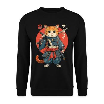 Samurai Cat Kawaii Japanische Ninja Katze - Unisex Pullover - Schwarz - Vorne - Alina (178cm) & Michal (187cm)