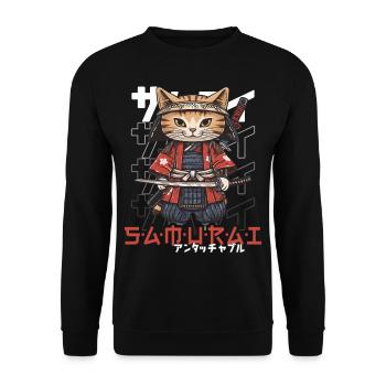 Samurai Cat Kawaii Japanische Ninja Katze - Unisex Pullover - Schwarz - Vorne - Alina (178cm) & Michal (187cm)