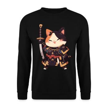 Samurai Cat Kawaii Japanische Ninja Cat - Unisex Pullover - Schwarz - Vorne - Alina (178cm) & Michal (187cm)
