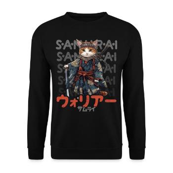 Samurai Cat Kawaii Japanische Ninja Katze - Unisex Pullover - Schwarz - Vorne - Alina (178cm) & Michal (187cm)