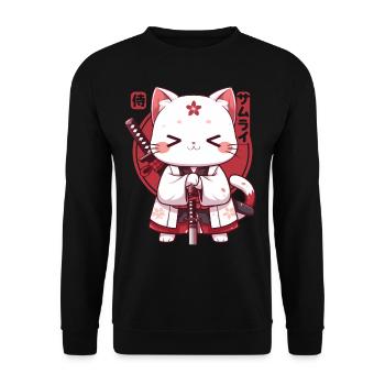 Samurai Cat Kawaii Japanische Ninja Cat - Unisex Pullover - Schwarz - Vorne - Alina (178cm) & Michal (187cm)