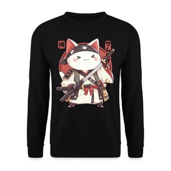 Samurai Cat Kawaii Japanische Ninja Cat - Unisex Pullover - Schwarz - Vorne - Alina (178cm) & Michal (187cm)
