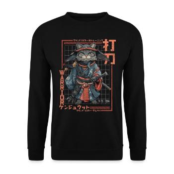 Samurai Cat Kawaii Japanische Ninja Katze - Unisex Pullover - Schwarz - Vorne - Alina (178cm) & Michal (187cm)