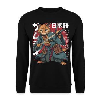 Samurai Cat Kawaii Japanische Ninja Katze - Unisex Pullover - Schwarz - Vorne - Alina (178cm) & Michal (187cm)