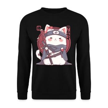 Samurai Cat Kawaii Japanische Ninja Cat - Unisex Pullover - Schwarz - Vorne - Alina (178cm) & Michal (187cm)