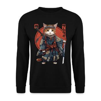 Samurai Cat Kawaii Japanische Ninja Katze - Unisex Pullover - Schwarz - Vorne - Alina (178cm) & Michal (187cm)