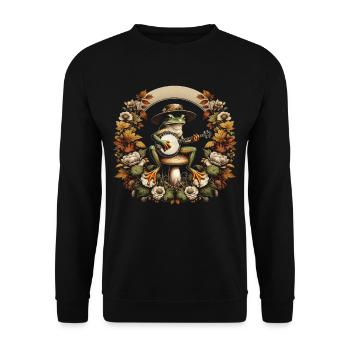 Cottagecore Frosch mit Gitarre - Unisex Pullover - Schwarz - Vorne - Alina (178cm) & Michal (187cm)