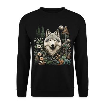 Cottagecore Wolf mit Blumen - Unisex Pullover - Schwarz - Vorne - Alina (178cm) & Michal (187cm)