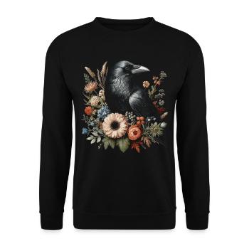 Cottagecore Rabe in Blumen - Unisex Pullover - Schwarz - Vorne - Alina (178cm) & Michal (187cm)