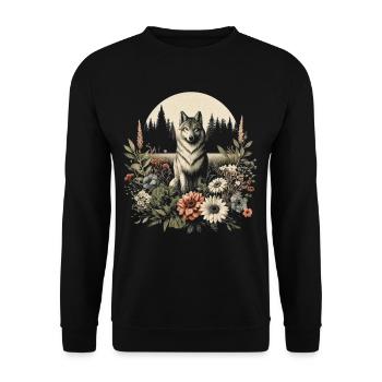 Cottagecore Wolf mit Blumen im Vollmond - Unisex Pullover - Schwarz - Vorne - Alina (178cm) & Michal (187cm)
