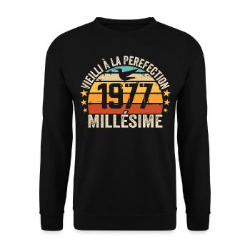Jahrgang 1977 Retro 1977 Geburtstagsgeschenk - Unisex Pullover - Schwarz - Vorne - Alina (178cm) & Michal (187cm)