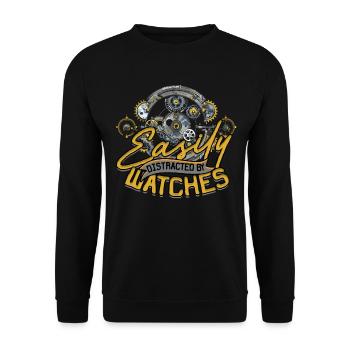 Uhrmacher Uhrmacherei Easily distraced by watches - Unisex Pullover - Schwarz - Vorne - Alina (178cm) & Michal (187cm)