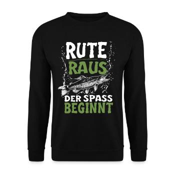 Rute Raus und der Spass beginnt - Fischer Anglner - Unisex Pullover - Schwarz - Vorne - Alina (178cm) & Michal (187cm)