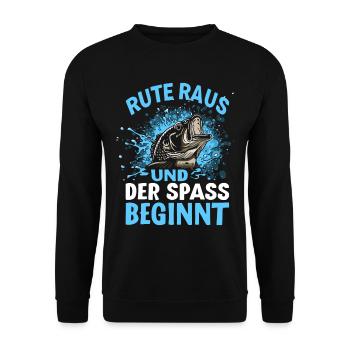 Rute Raus und der Spass beginnt - Fischer Anglner - Unisex Pullover - Schwarz - Vorne - Alina (178cm) & Michal (187cm)